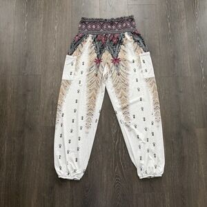 QIANXIZHAN Womens XL Harem Yoga Pants Boho Hippie Pockets Stretch Feather Gypsy